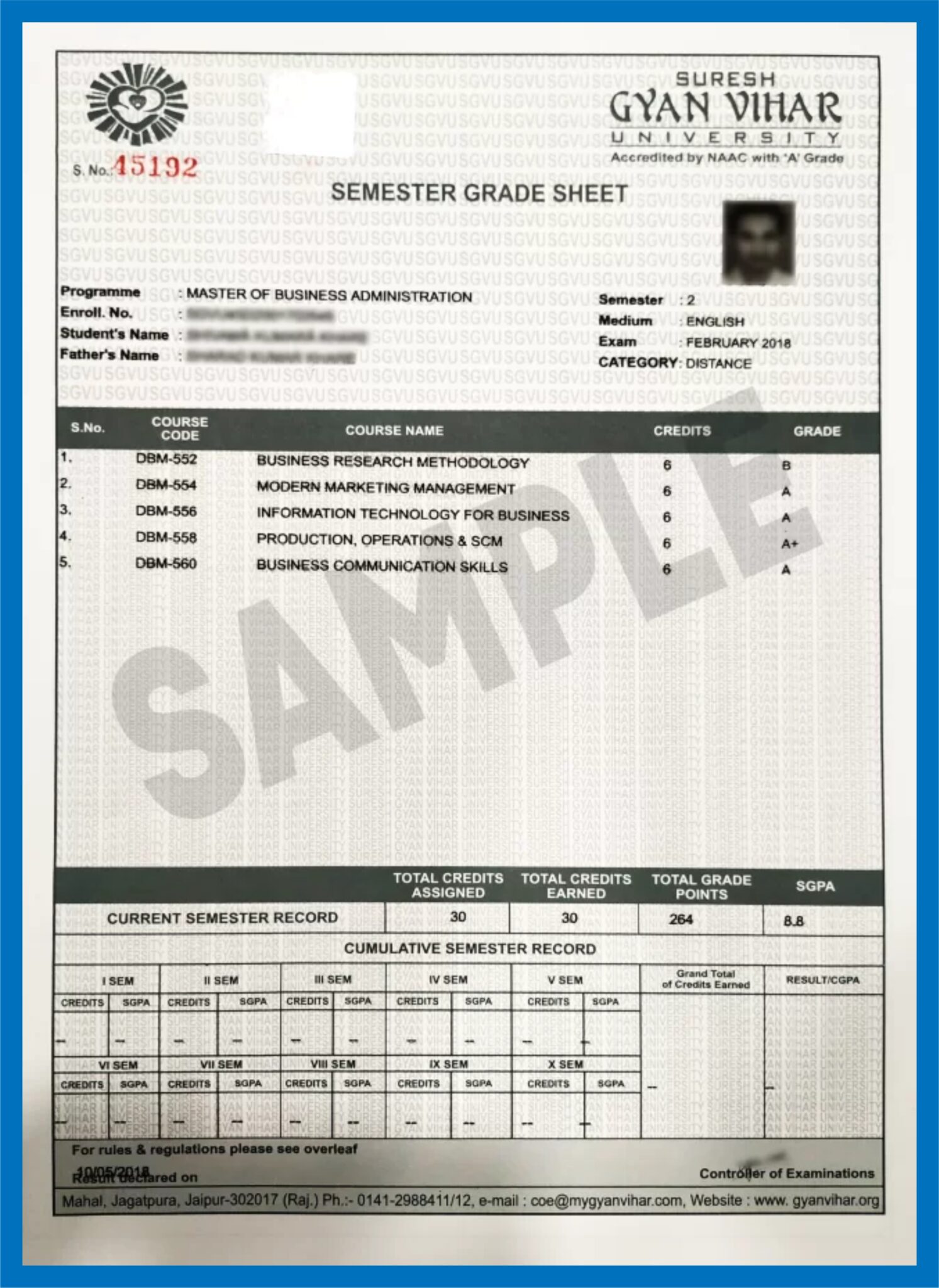 SGVU Sample Certificate