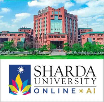Sharda University Online AI campus building with Sharda University Online logo for online degree admissions