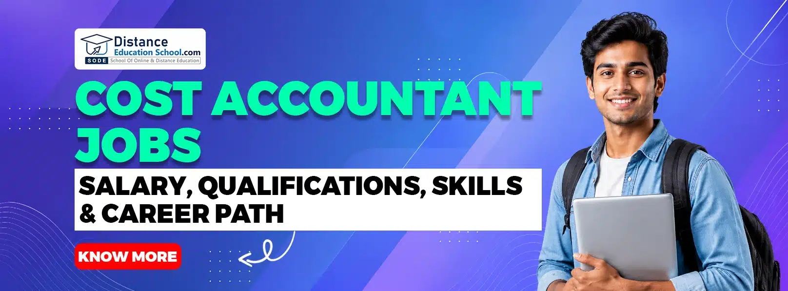 Cost Accountant Jobs banner with Distance Education School information on salary, qualifications, skills, and career path