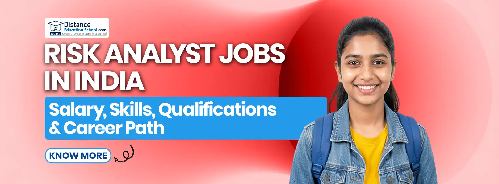 Risk analyst jobs in India banner with Distance Education School message on salary, skills, qualifications, career path